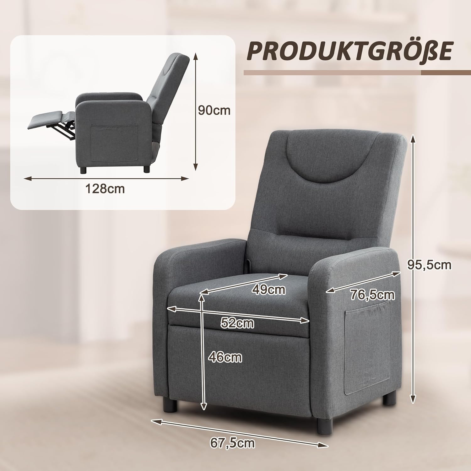 Relaxsessel Fernsehsessel Ruhesessel mit Liegefunktion, Einzelliege Sessel 140° Verstellbarer Rückenlehne, Ergonomisch Lounge Sessel bis 160 kg für Wohnzimmer Heimkino, (Dunkelgrau)