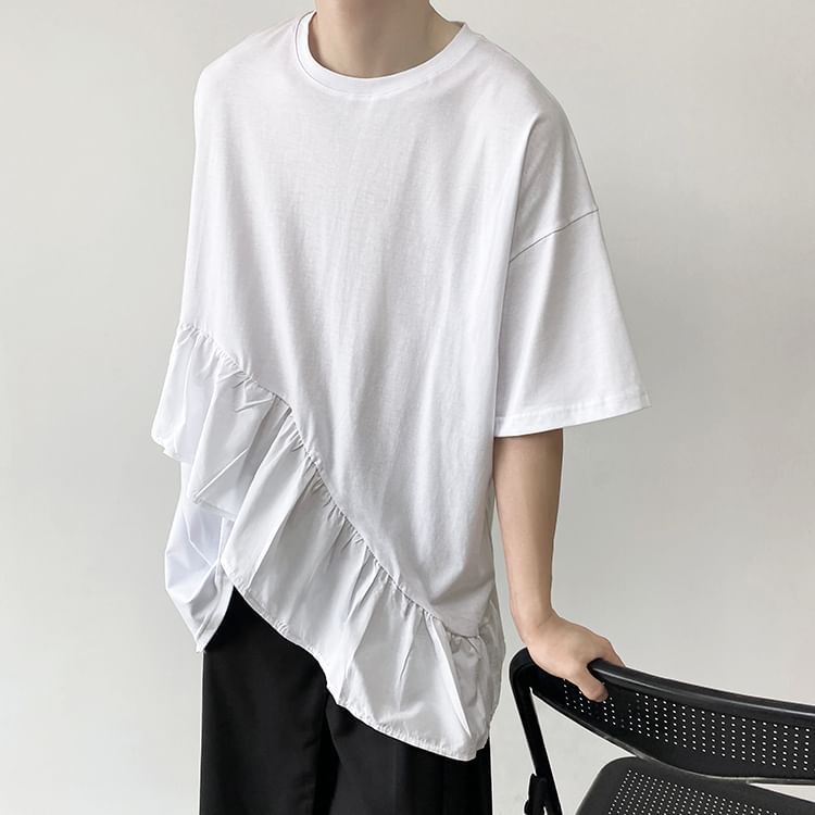 Bjorn - T-shirt met korte mouwen, ronde hals, effen ruches en asymmetrische print