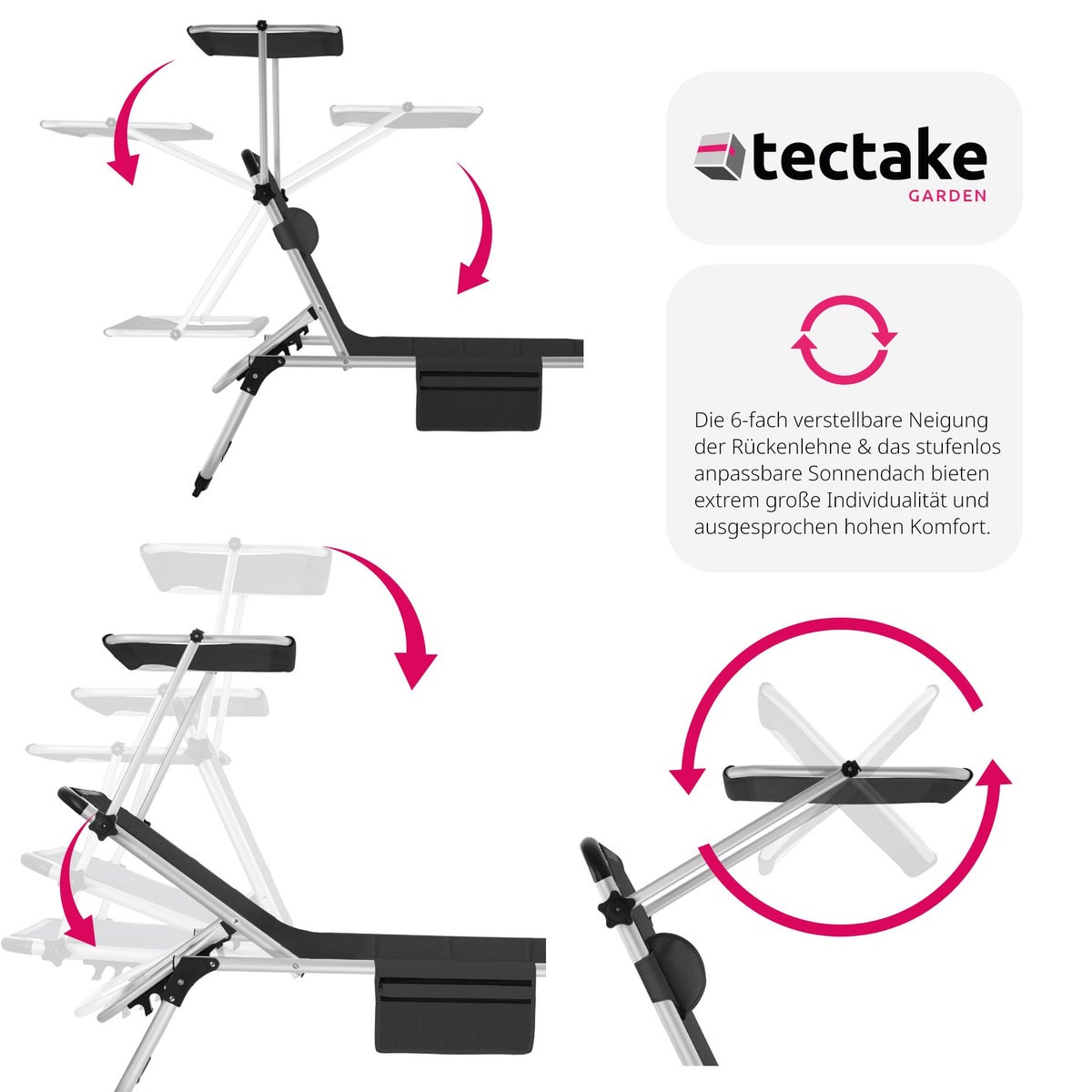 tectake Lorella gestoffeerde zonnebank, opvouwbaar 220 x 60,5 x 34 cm, met zijvak
