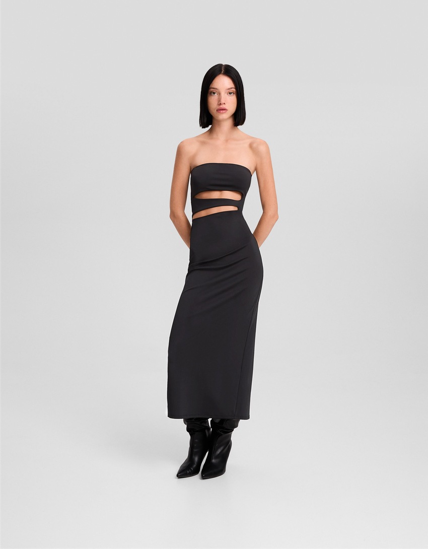 Vestido midi bandeau com recortes