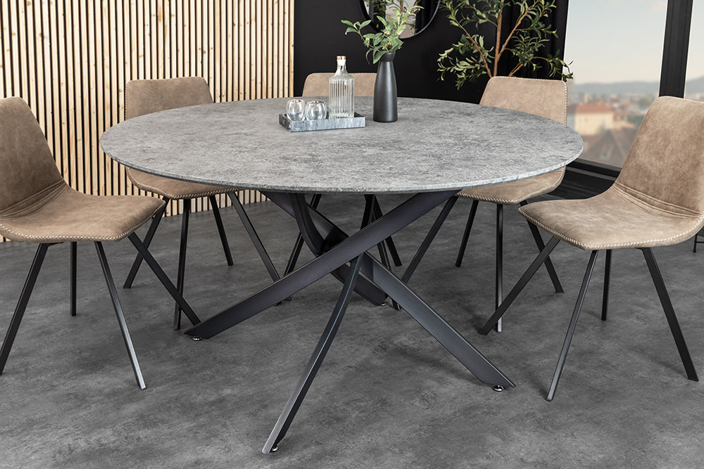 Runder Esstisch HELIX 120cm grau Beton-Design schwarze Metallbeine Sterngestell