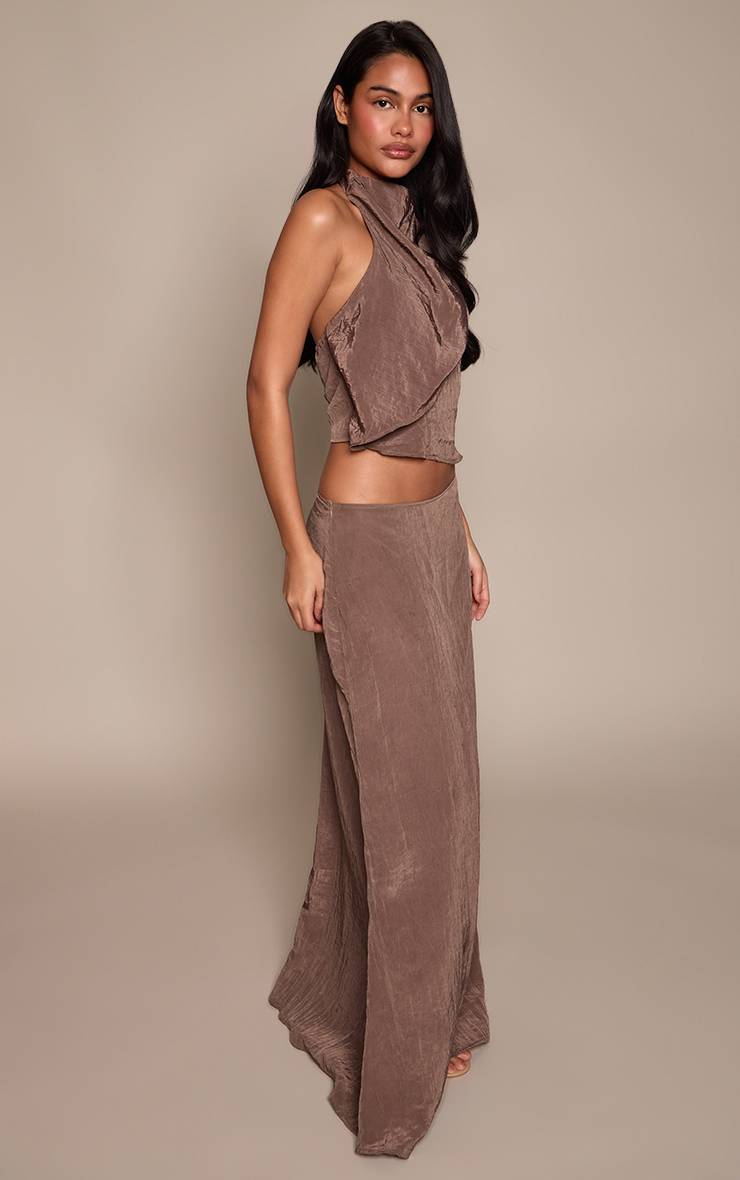 Marron Foncé Jupe Longue Fluide Texturée Tissée Ensemble Coordonné