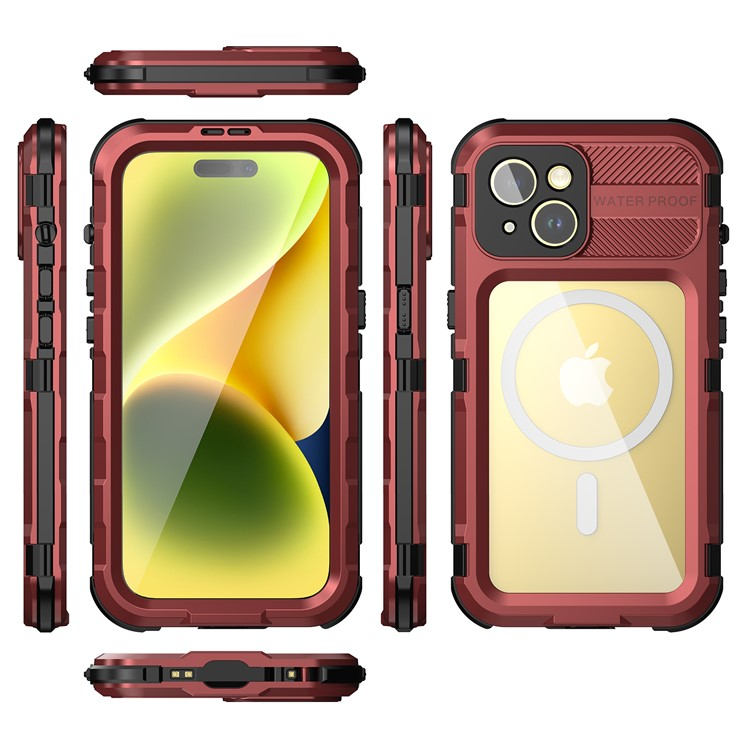 iPhone 15 Wasserfeste MagSafe Alu Outdoor Schutz Hülle (IP68) - Rot / Transparent