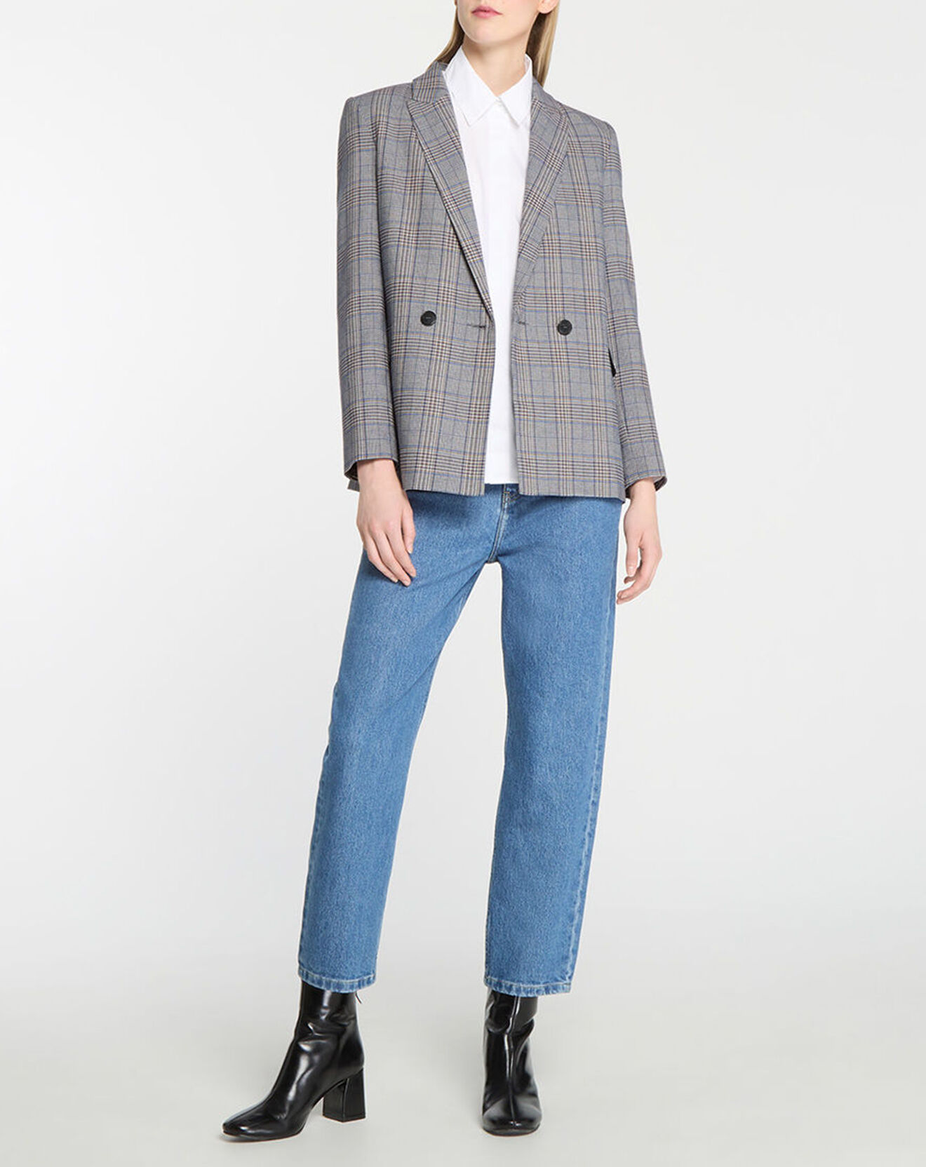 Galeries Lafayette Veste blazer Rune double boutonnage imprimé Pince de Galles gris/noir