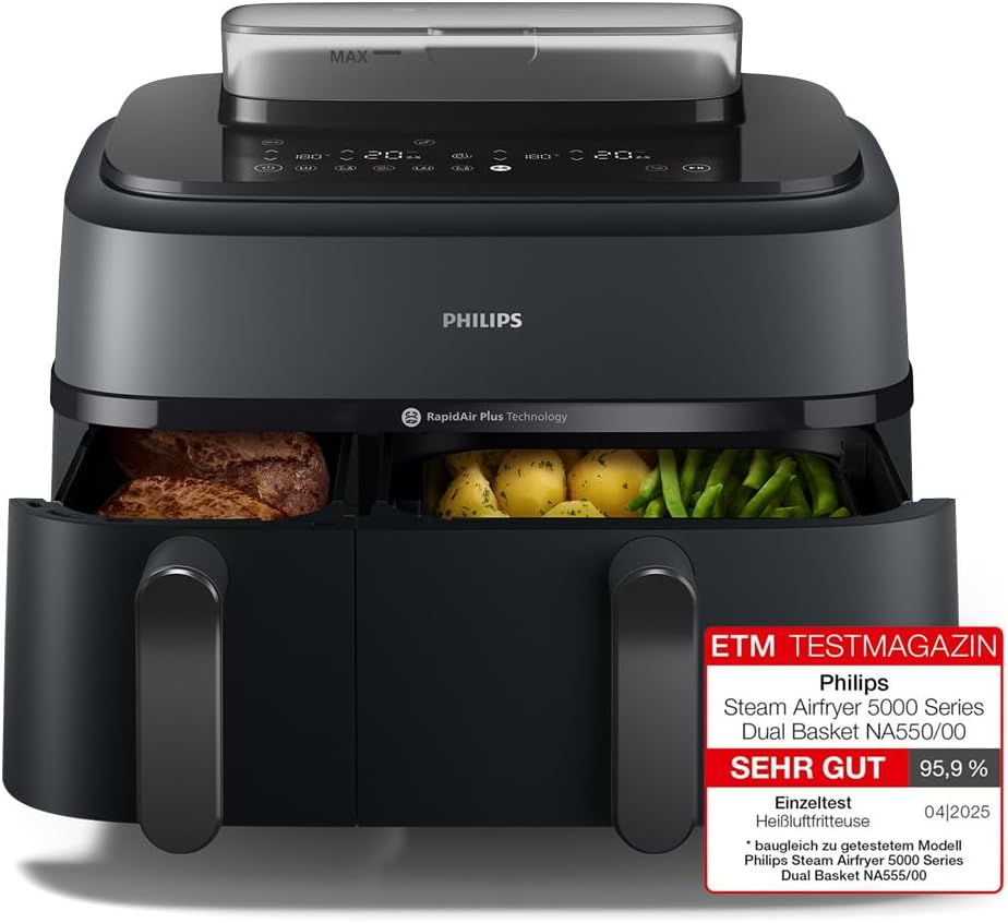 Steam Airfryer 5000 Series Dual Basket Heißluftfritteuse mit Dampfgar-Funktion & 2 Körben – Steam, Airfry, SteamFry, 9L (3L+6L), RapidAir Plus, automatische Dampfreinigung (NA550/00)
