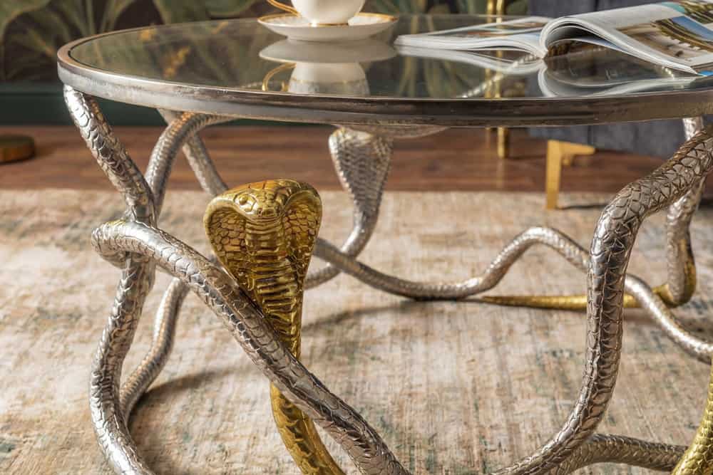 Runder Couchtisch SNAKE 70cm gold silber Metall Schlangen-Skulptur Glasplatte