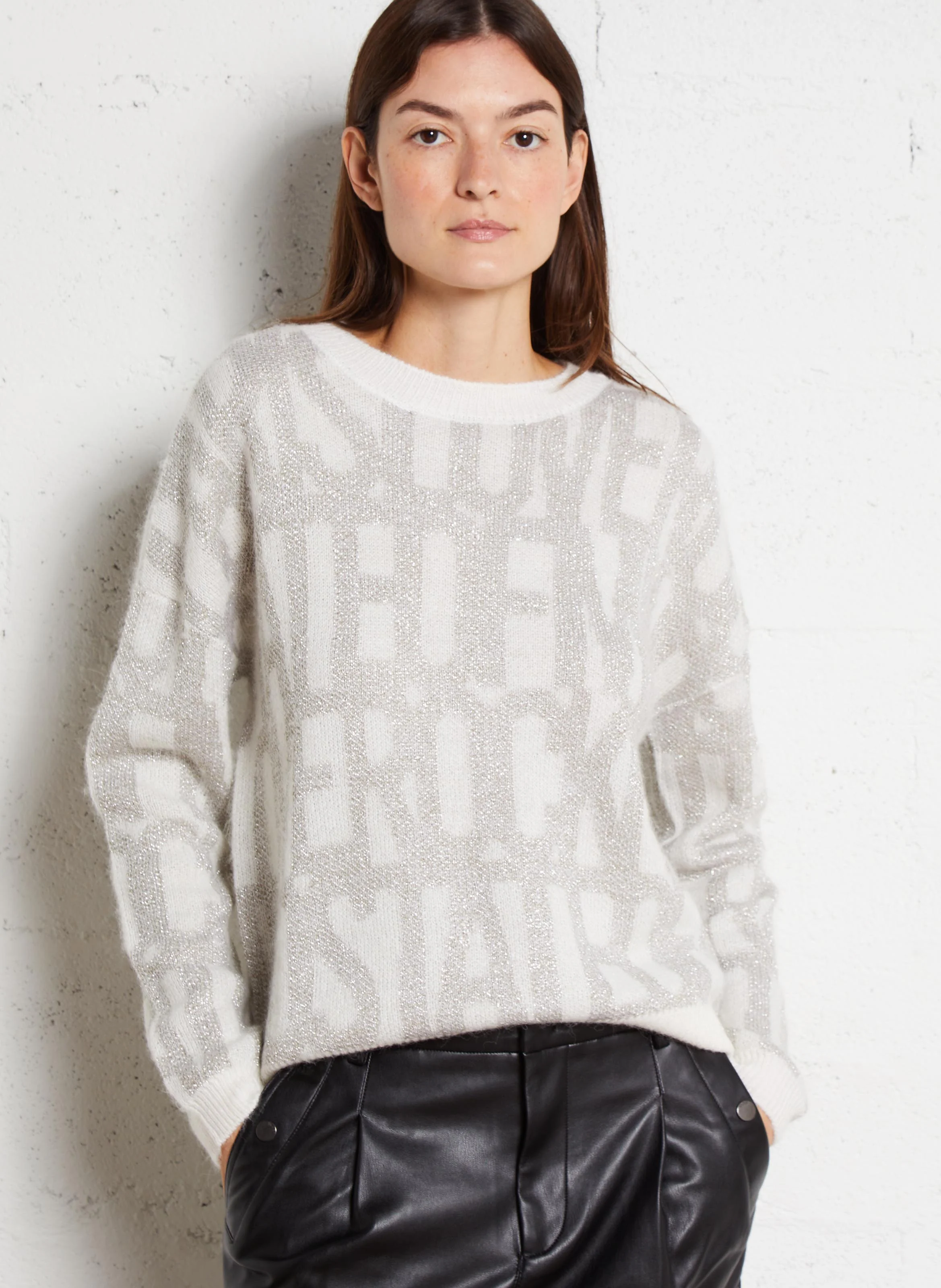 Pull ample col rond jacquard en maille métallisée | Blanc
