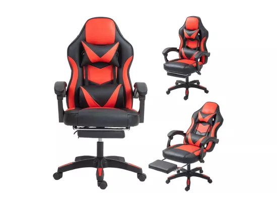 Fauteuil de gaming réglable avec repose-pied, coussin de tête et coussin lombaire - noir et rouge