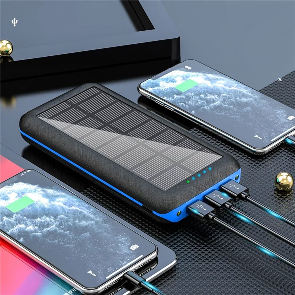 (20000mAh) 3-fach USB A Qi Wireless Outdoor Solar Powerbank mit Taschenlampe mit 2 LED's - Schwarz / Blau