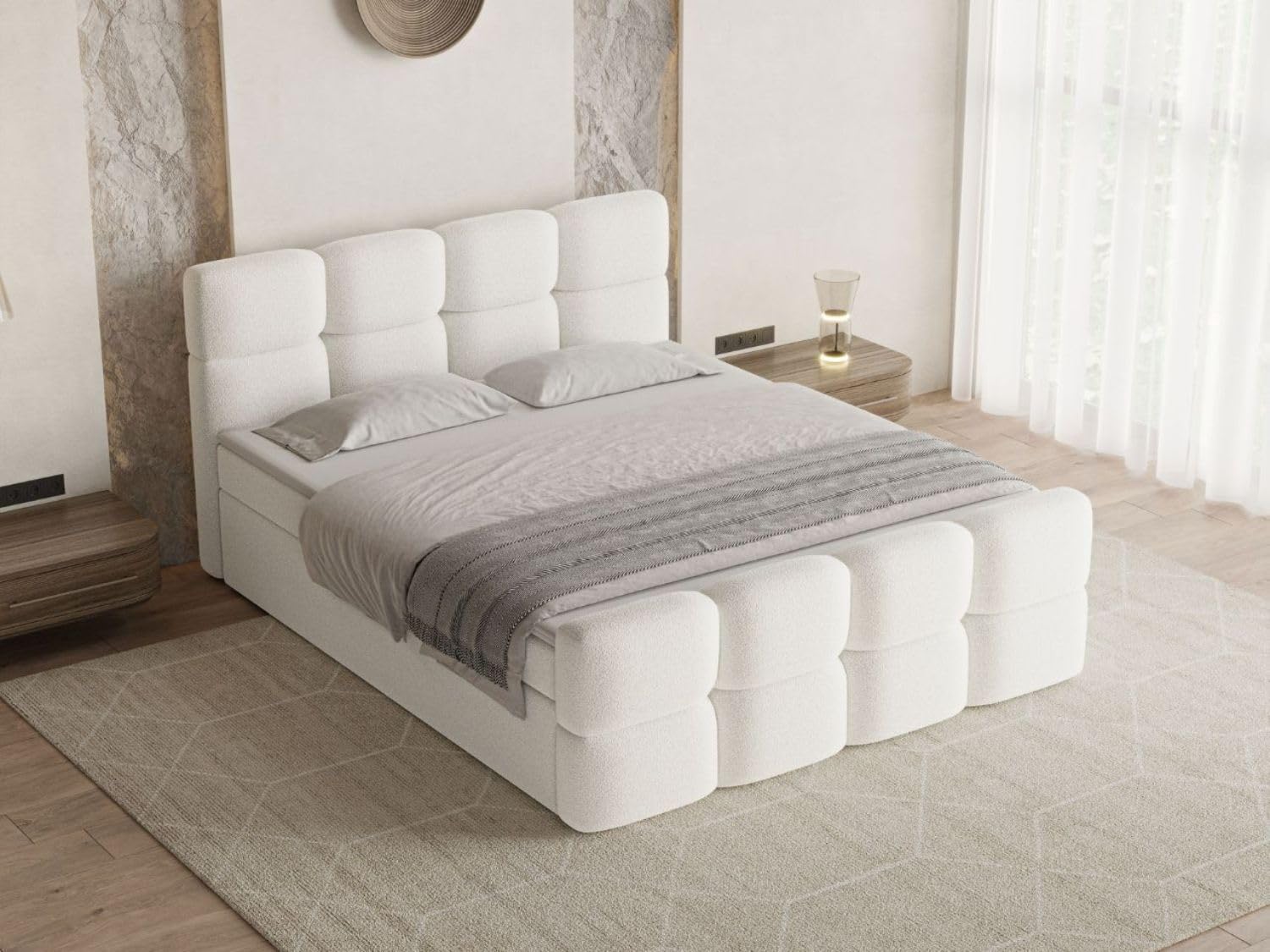 GRAINGOLD Rivon Bett, Boxspringbett mit Bettkasten, Polsterbett mit Bonell-Matratze, Boucle Stoff, mit Topper, mit Kopfteil (Creme, 160x200)
