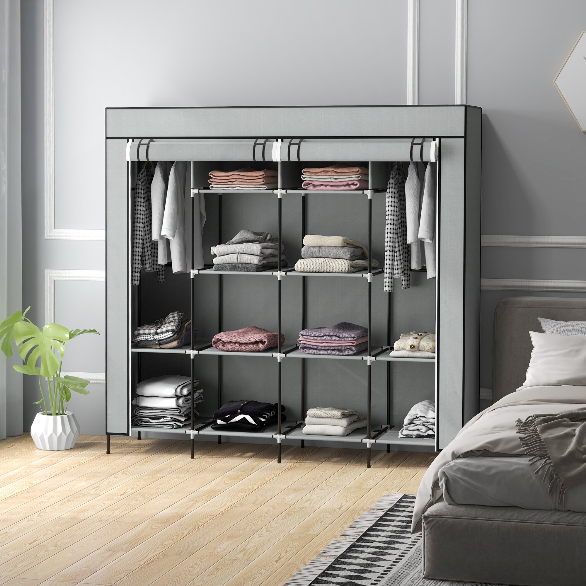 HOMCOM Stoffschrank mit Reißverschlusstüren grau 166L x 42,5B x 169,5Hcm