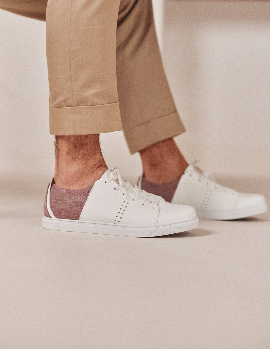Baskets basses René - Cuir blanc et toile bordeaux