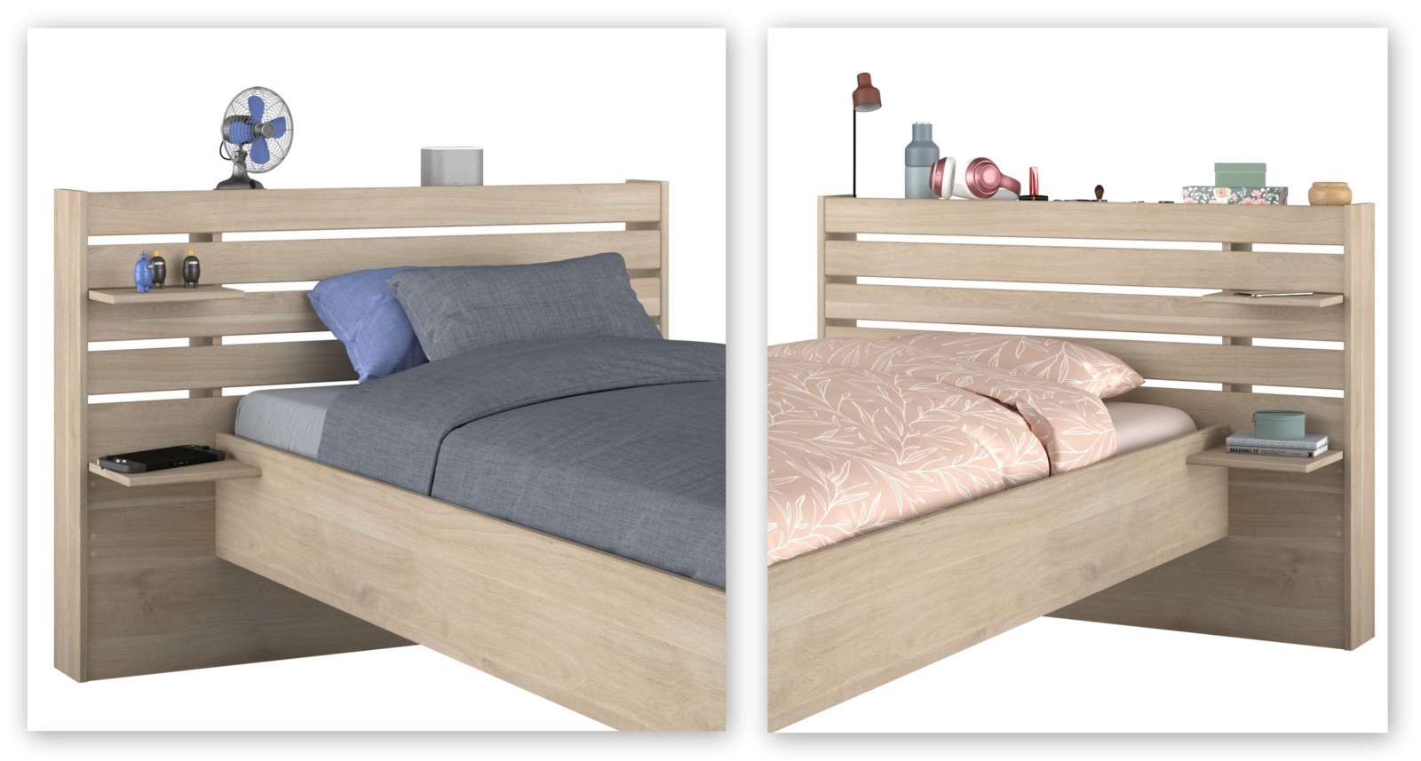 Stauraumbett ESCALE 1 - Japanische Eiche - mit 2 Bettschubkästen - 90x200 cm