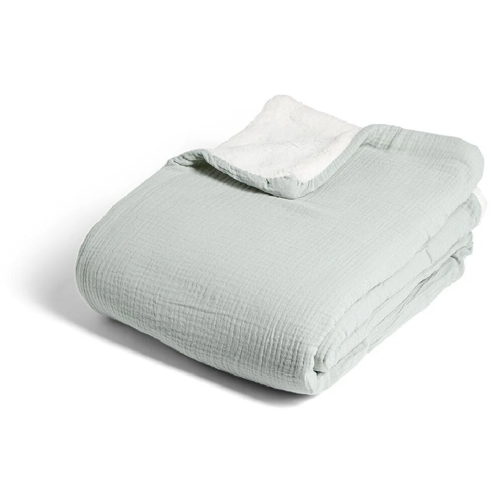 Plaid gaze de coton et sherpa 130x160cm vert