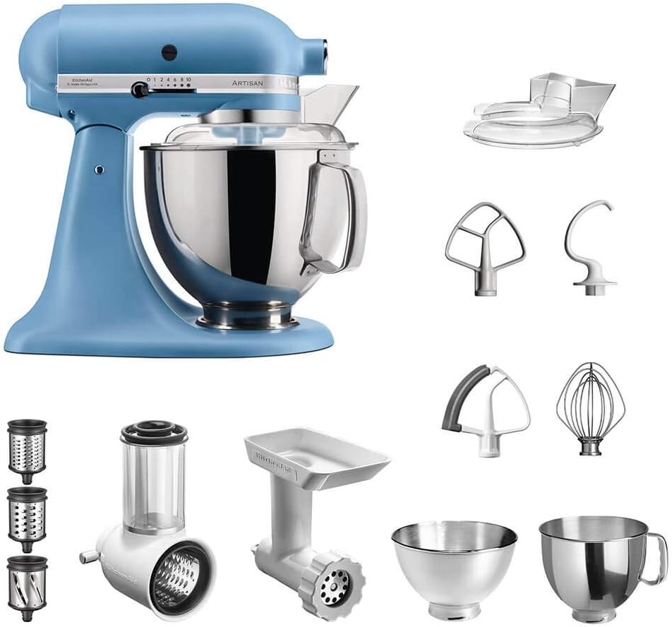 KitchenAid Artisan Küchenmaschine Vintage Blue im Starter-Set inkl. Gemüseschneider, Fleischwolf und vielem Zubehör, 5KSM175PSEVB