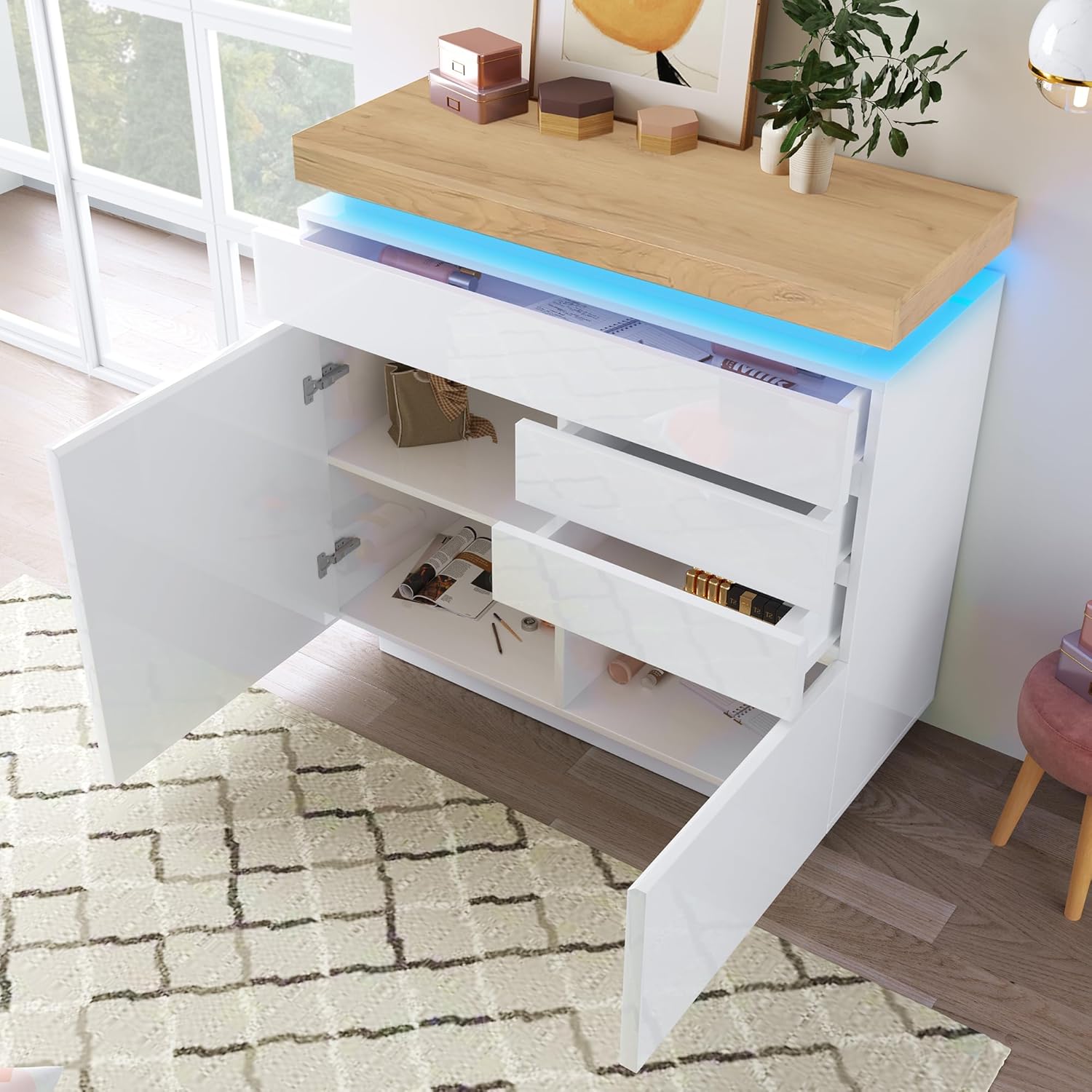 Lexiou Kommode, Hochglanz Sideboard mit 2 Türen und 3 Schubladen, LED-Beleuchtung (App-Steuerung), Mehrzweckschrank für Wohnzimmer und Schlafzimmer, 115 x 110 x 39 cm, Weiß