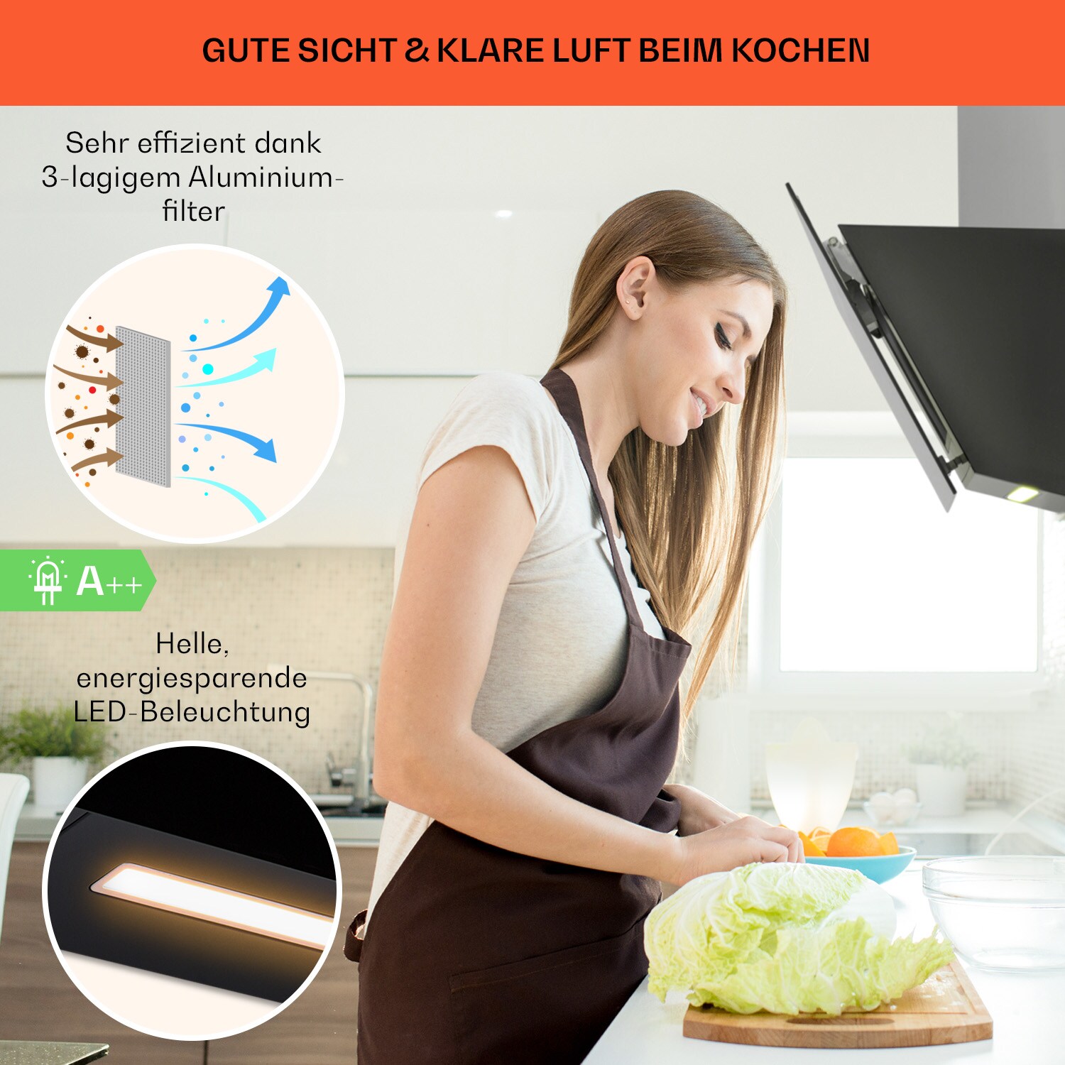 Ava 90 Dunstabzugshaube 90cm Wandhaube WiFi A++ 515m³/h Touch Schwarz