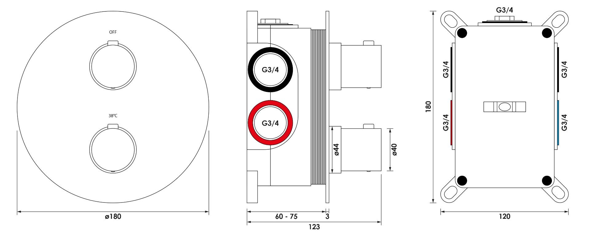 Brauer Gold Edition 3-weg inbouwthermostaat rond messing geborsteld PVD