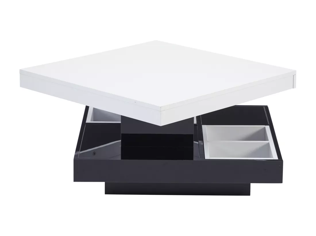 Table basse avec rangements 70x70x36 cm - plateau brillant orientable à 360° - Blanc & Noir