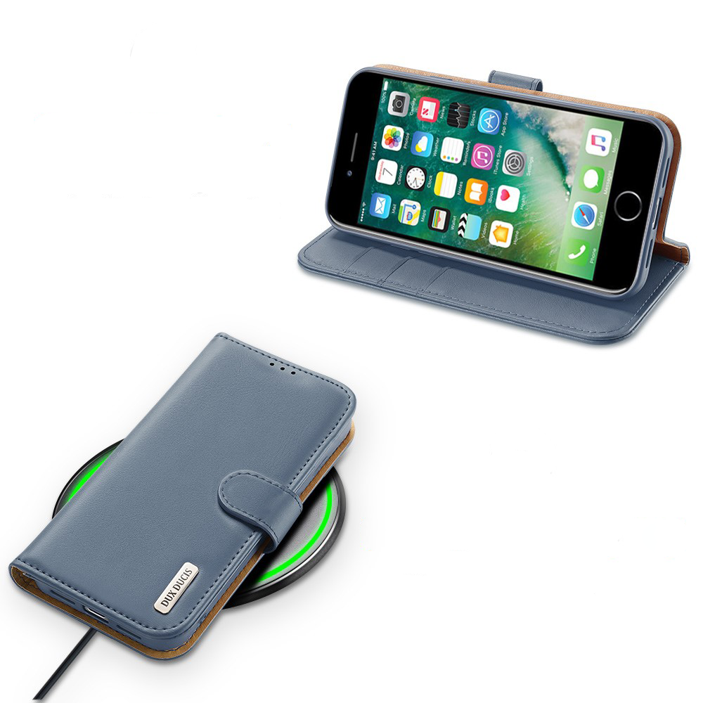 iPhone SE (2022/2020) / 8 / 7 Flip Wallet Cover Echtleder Tasche (RFID Schutz) - Blaugrau