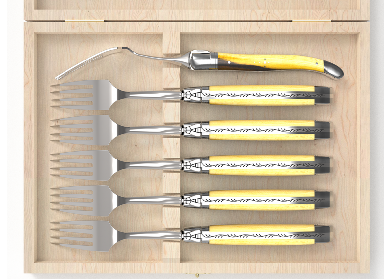 Service de 6 fourchettes Laguiole avec un manche en bois de pistachier et mitres en acier inoxydable