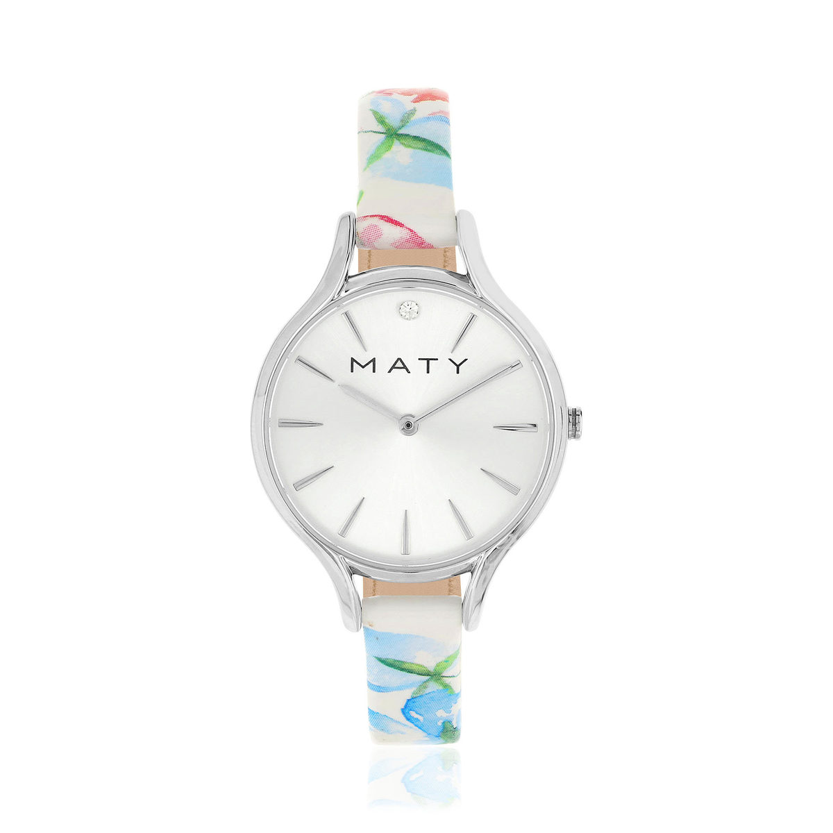 Montre femme chromée bracelet cuir fleurs tropicales
