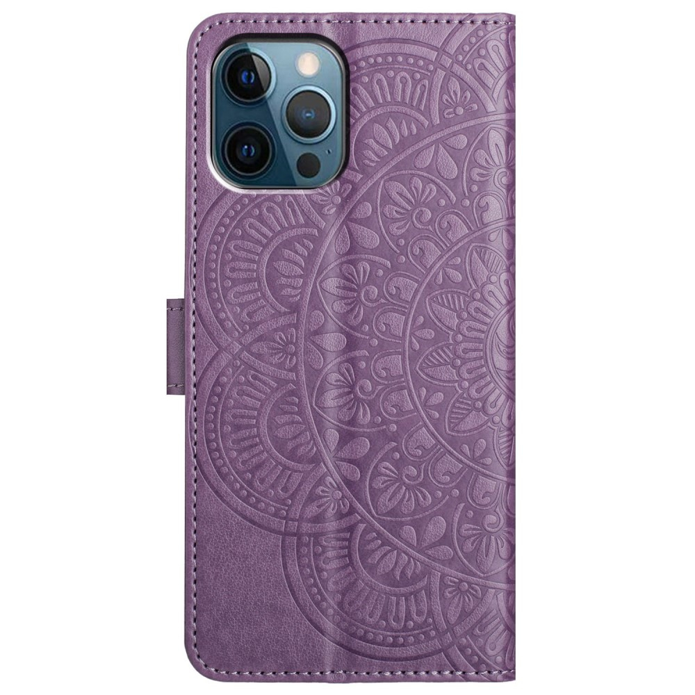 iPhone 16 Pro Max Leder Tasche Wallet - Mandala Flowers Imprint - Lila