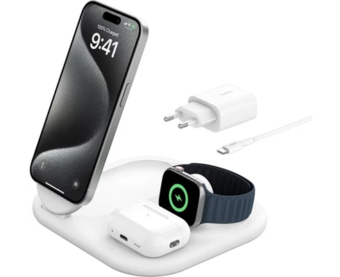 Belkin 3-in-1 MagSafe Compatible Qi2 Wireless Stand/Pad, white
