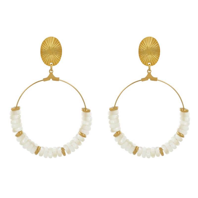 Boucles d'Oreilles Clip Laiton Doré Cercle et Petits Anneaux de Nacre
