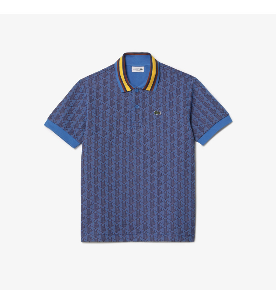 Polo Lacoste de corte clássico com gola contrastante e monograma azul.