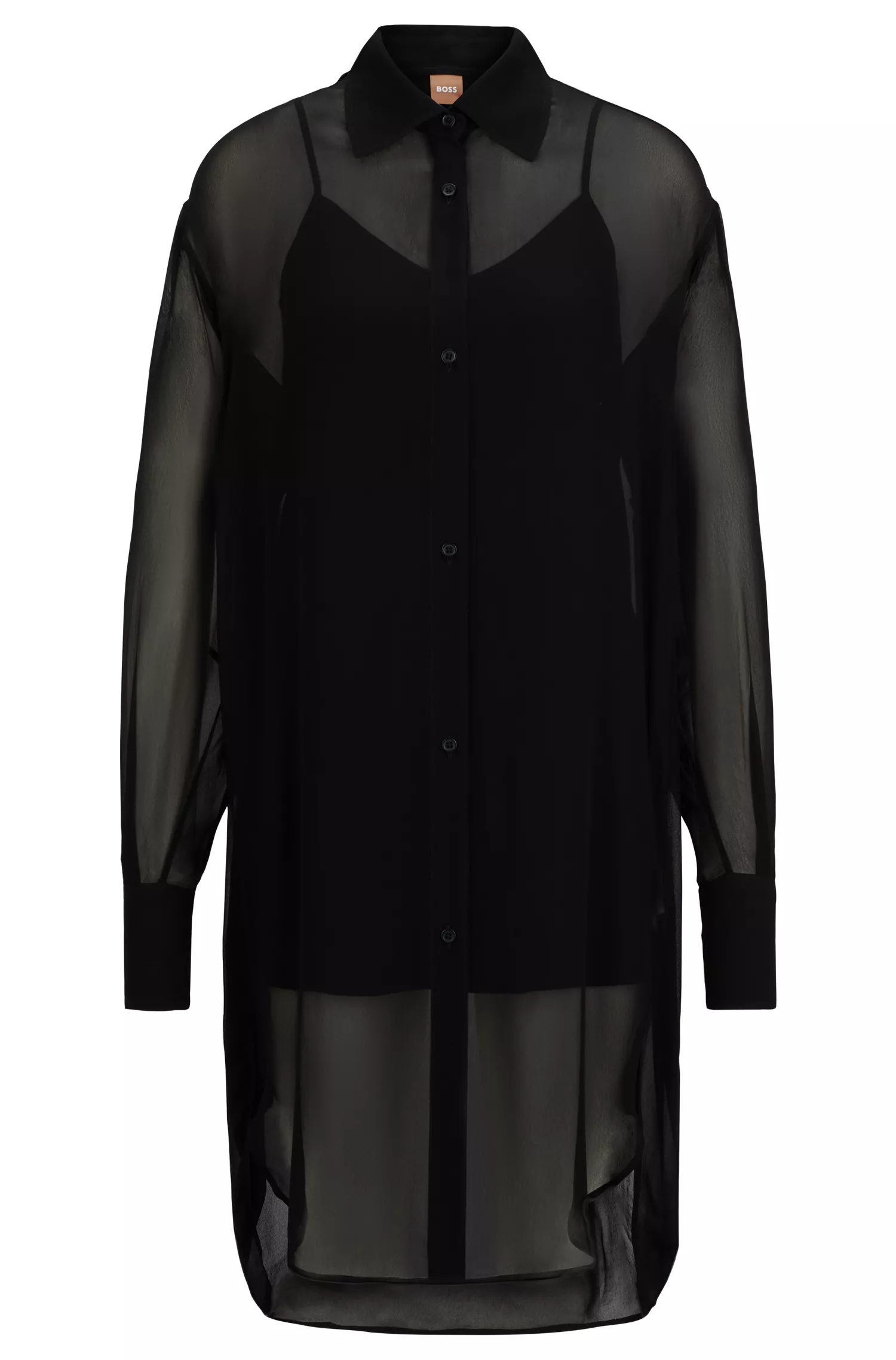 Blusa longa preta transparente BOSS com forro interno.