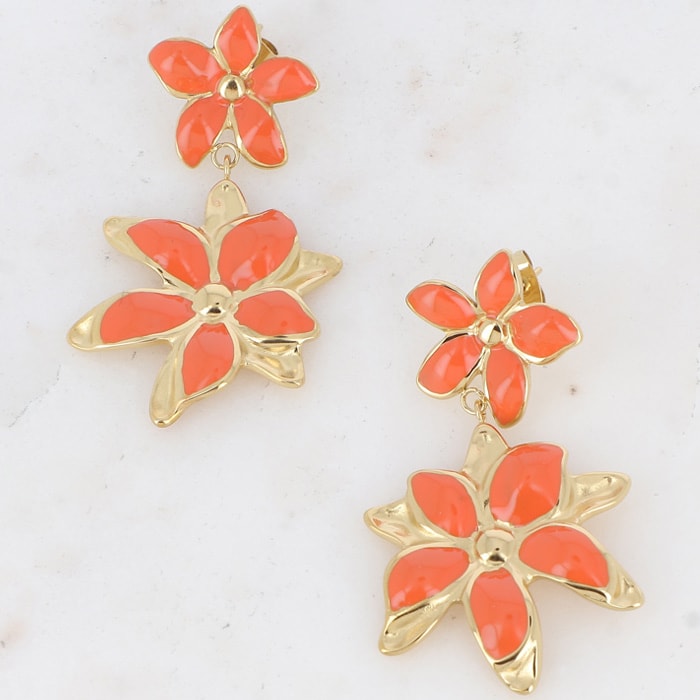 Boucles pendantes Magnolia - Acier inoxydable doré & fleur brique