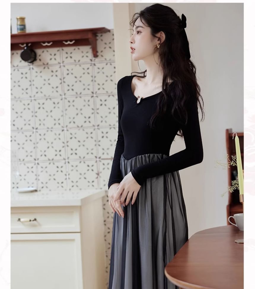 Plum Reverie - Lange mouwen ronde hals mesh maxi A-lijn jurk