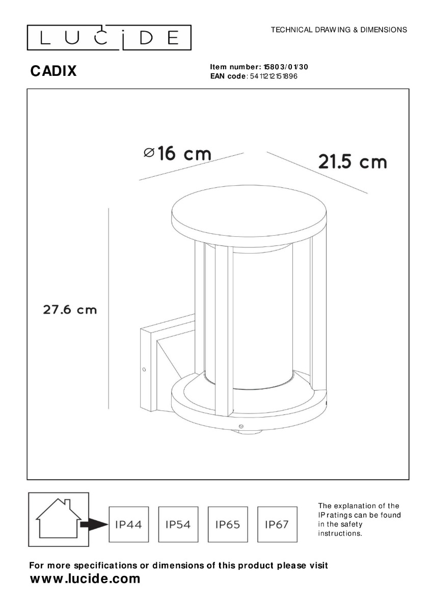 Lucide Cadix wandlamp 15W 28x22cm zwart