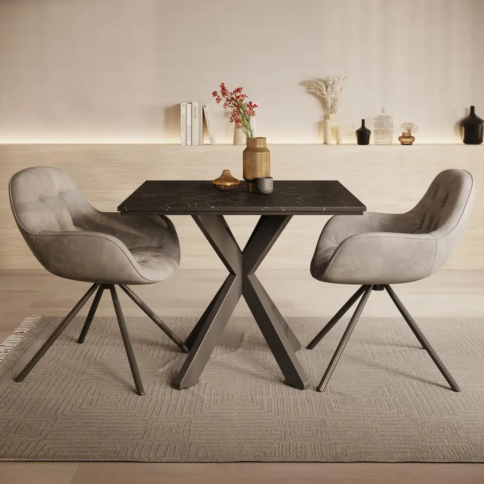 Meubella - Eetkamertafel Pacey - Zwart marmerlook - 90 cm