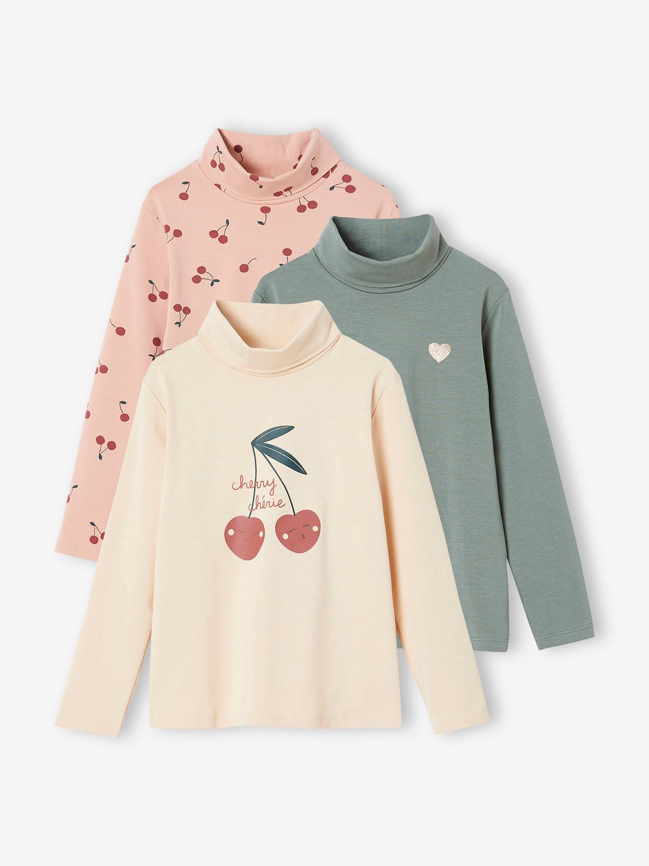 Conjunto de 3 camisetas de gola alta para meninas, cinza escuro bicolor/multicoloridas