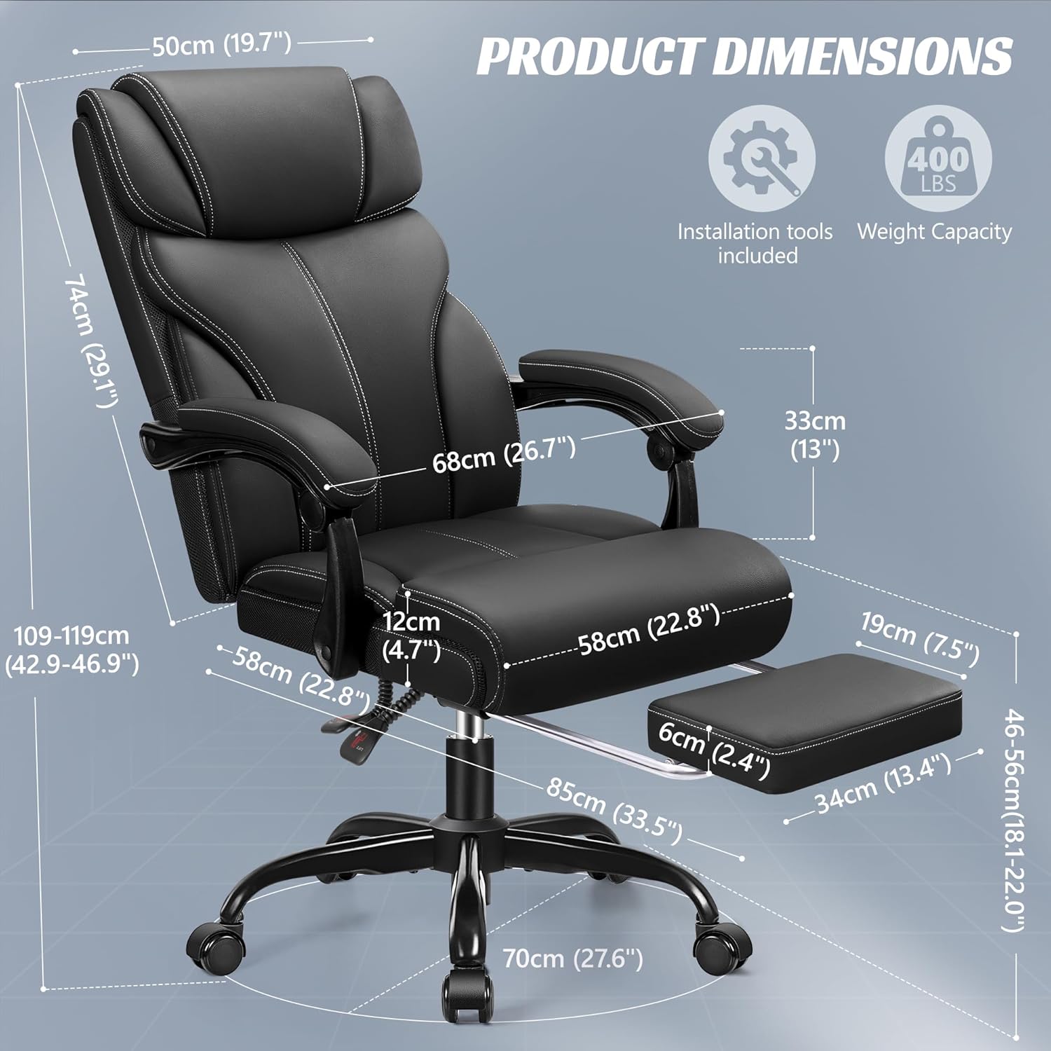 FelixKing Bürostuhl, Leder Chefsessel Ergonomischer, komfortabler drehbarer Bürostuhl mit Verstellbarer hoher Rückenlehne, geeignet für Heimspiele(Matte Black)