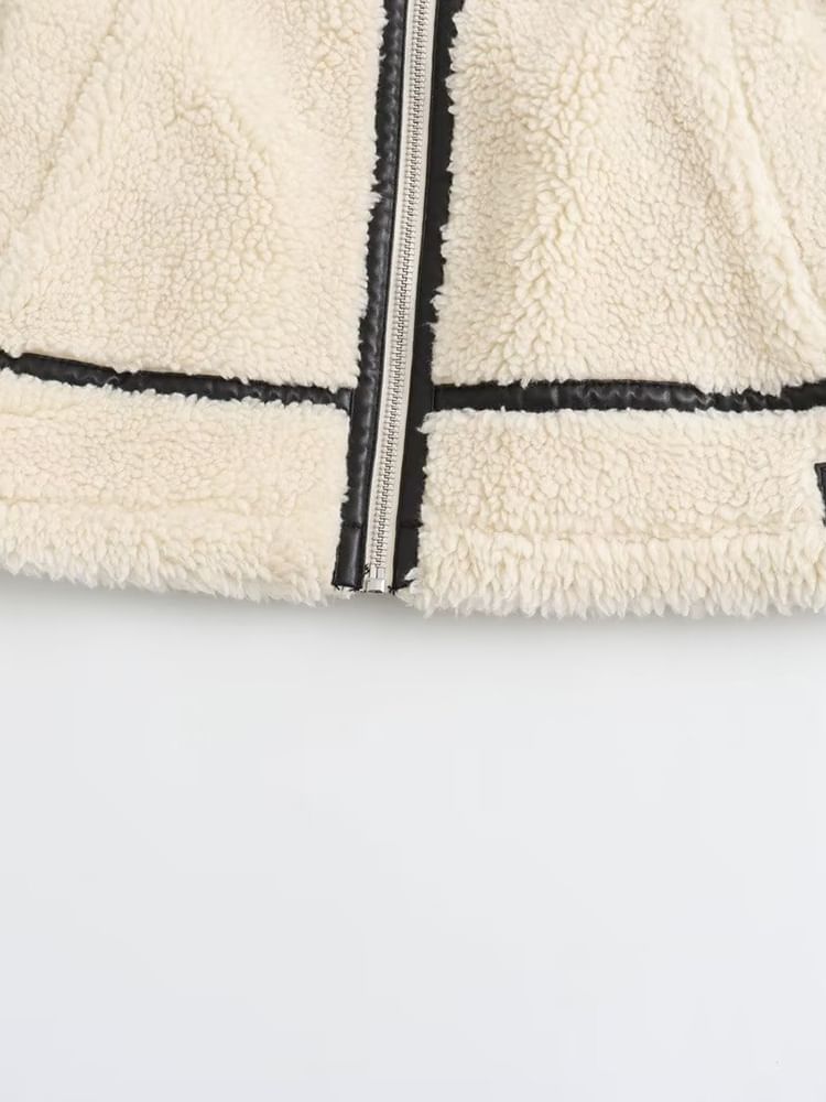 SugaYuja - Fleece jack met kraag, imitatieleren paneel en contrasterende bies