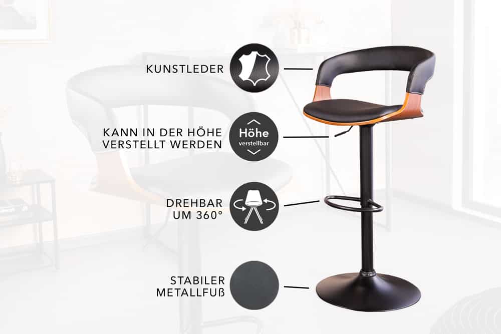 Retro Barhocker MANHATTAN schwarz Kunstleder Walnussholz drehbar höhenverstellbar