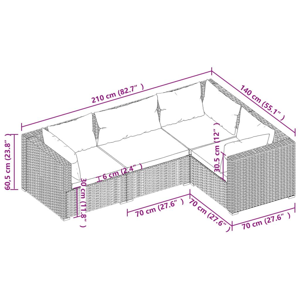 Salon de jardin meuble d'extérieur ensemble de mobilier 4 pièces avec coussins résine tressée noir