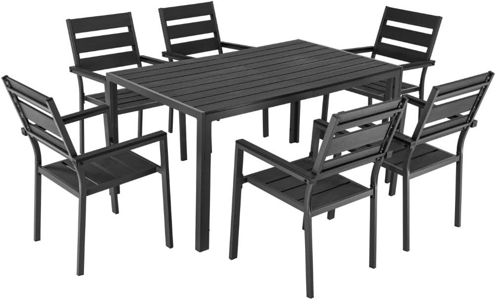 ALEOS. Gartengarnitur Aluminium WPC Set: Tisch 150x90 cm + 6 Gartenstühle mit Armlehne stapelbar, Serie: Milos