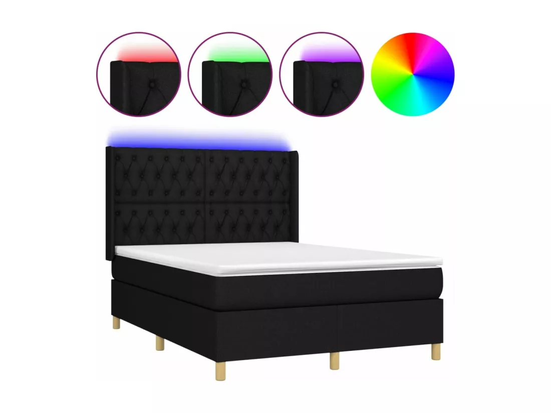 Sommier tapissier avec matelas et LED Noir 140x190 cm Tissu