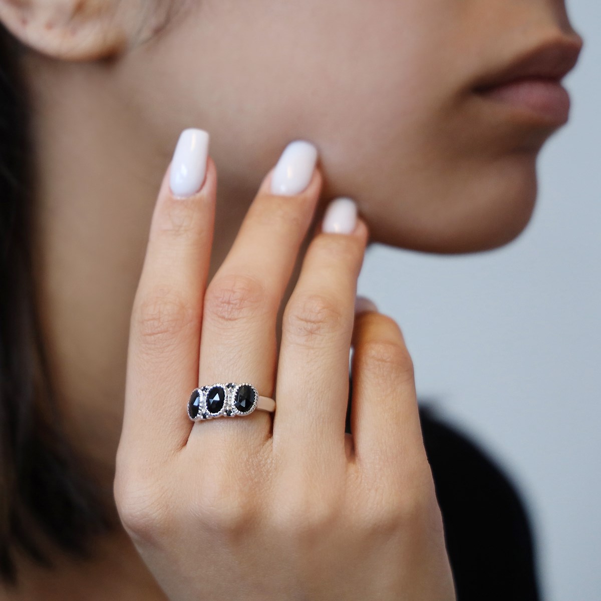 Bague Trilogie Argent Rhodié Spinelle Noir