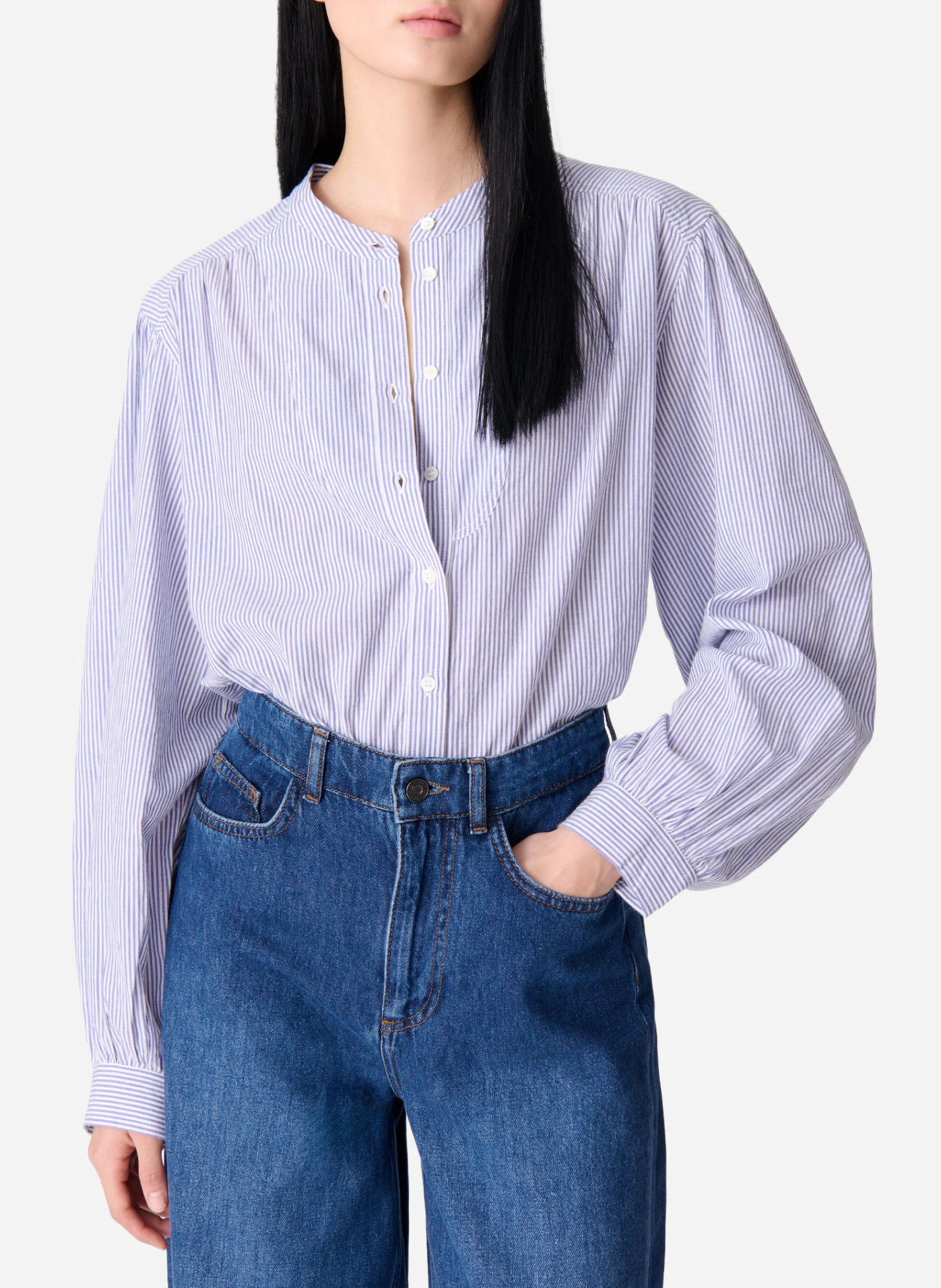 Blouse droite rayée en coton| Bleu
