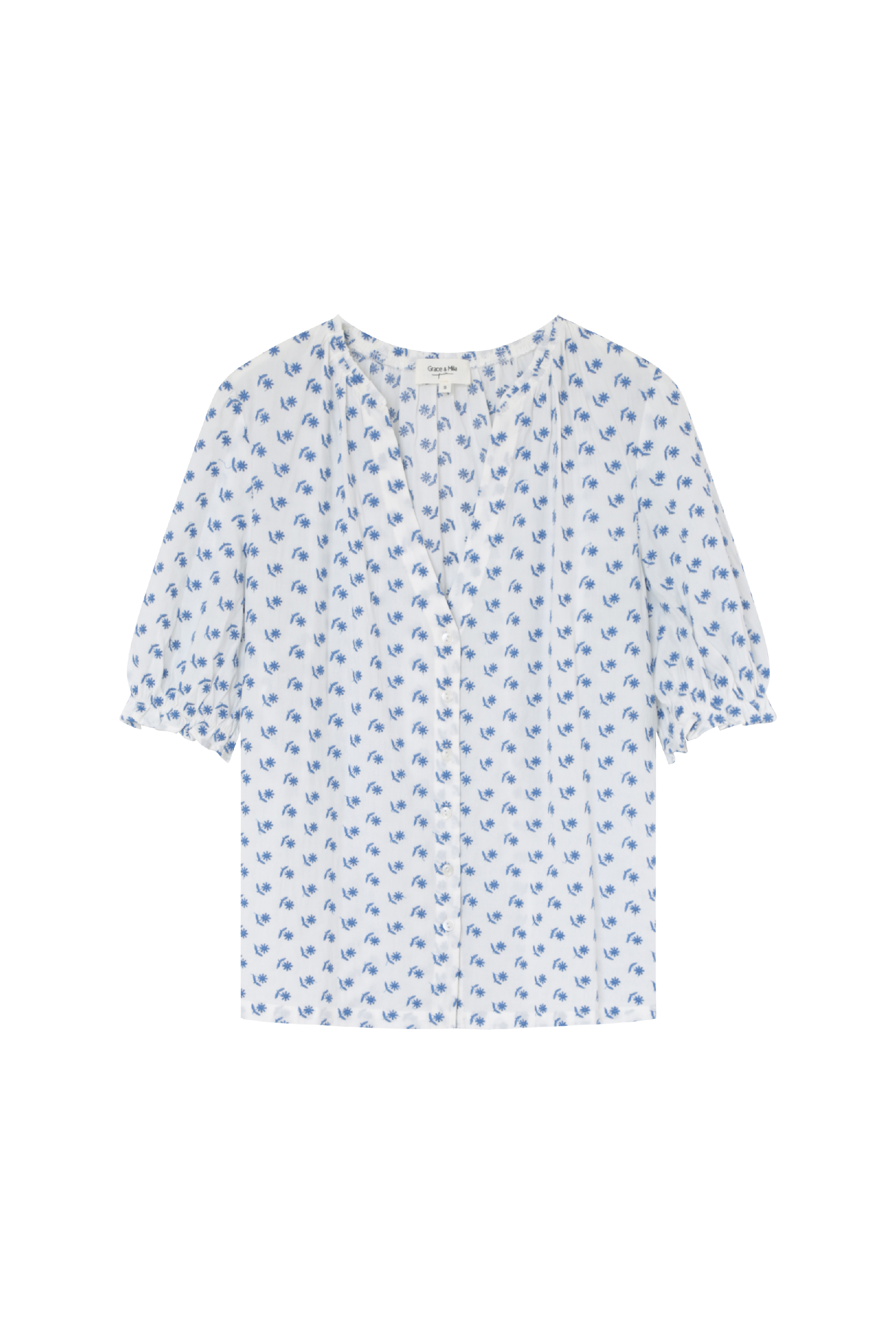 GRACE ET MILA Chemise col tunisien brodée en coton mélangé ELISE Bleu
