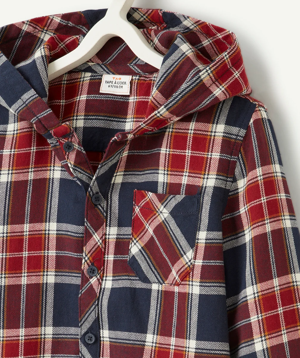 CHEMISE À CAPUCHE À CARREAUX GARÇON MARINE ET BORDEAUX