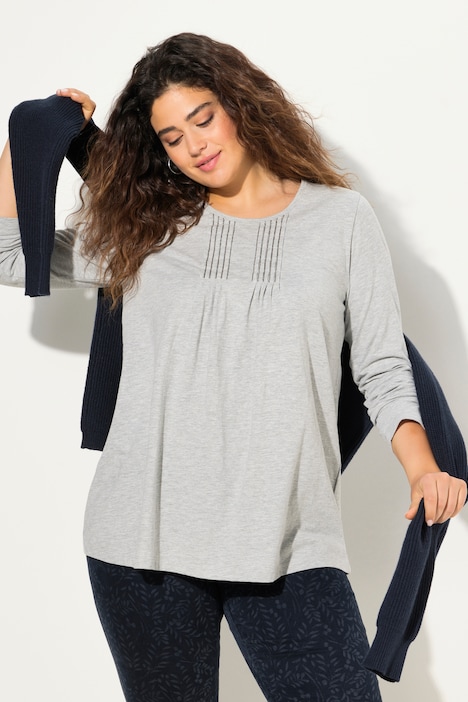 Shirt, Falten, Perlen, A-Linie, Langarm