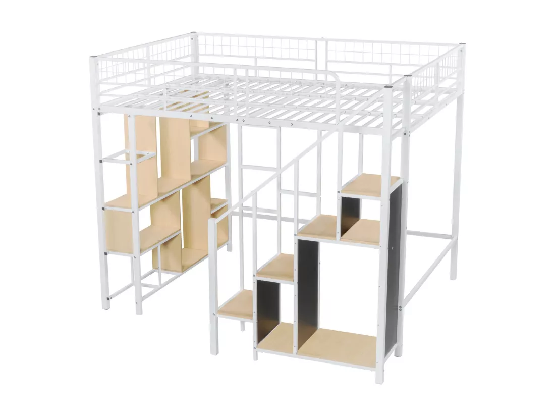 Lit mezzanine 140 x 200 cm avec armoire et étagères - Métal + Contreplaqué + MDF - Sommier à lattes - Blanc