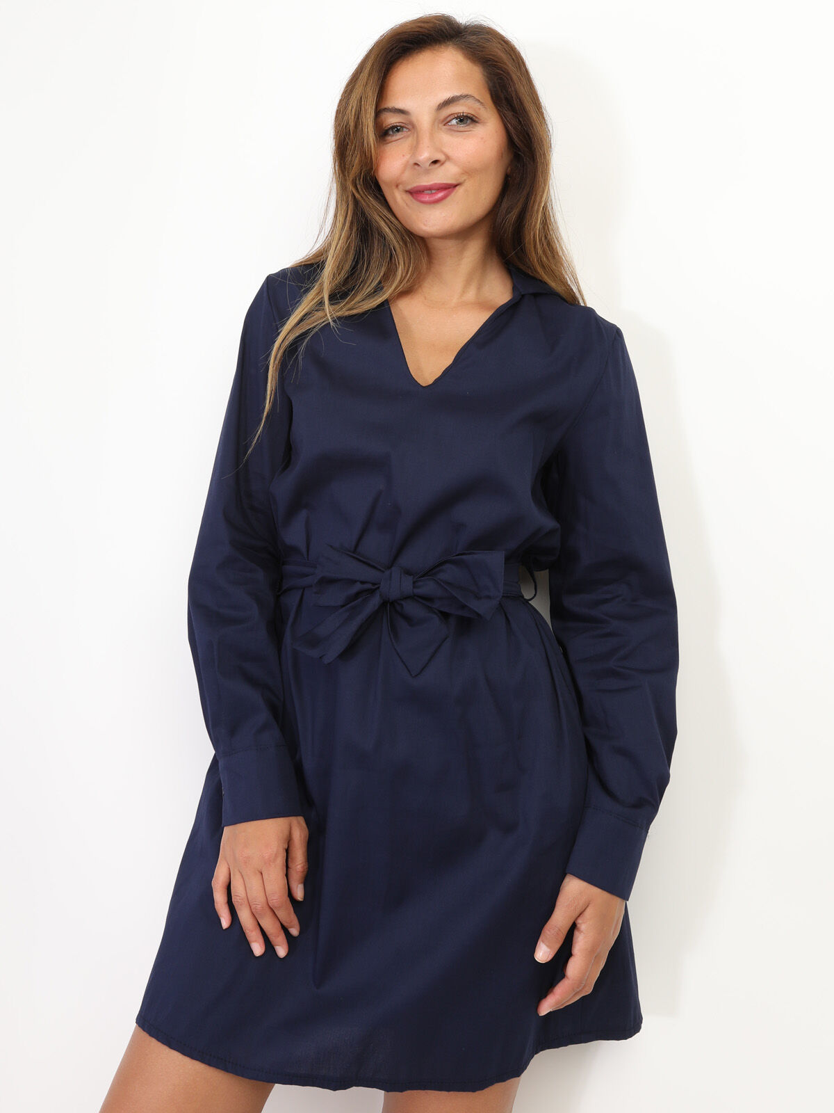 Robe chemisier à nouer- Bleu marine
