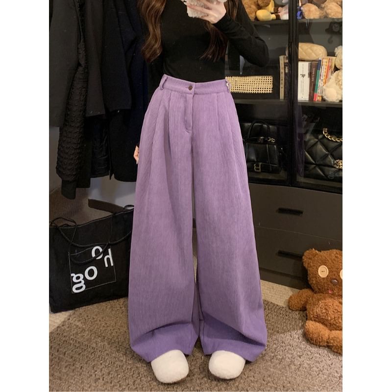 Flowerisque - Hoge taille effen corduroy broek met wijde pijpen